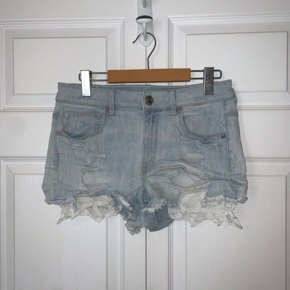 American Eagle‎ Hi-Rise Shortie Size 8 US Light Denim  Lace High Waisted Shorts - Picture 8 of 10